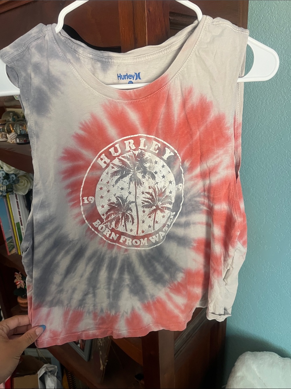 Hurley Red and Gray Tie-Dye Palm Graphic Tank